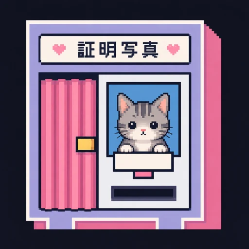粉紅色證明寫真機裡坐著一隻像素風灰白貓咪